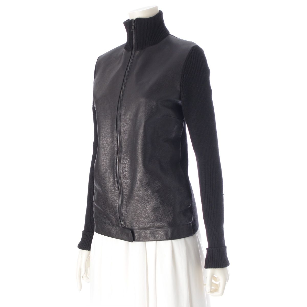 プラダ 2002年 レザー ドッキング ニット ジップアップ ジャケット アウター ブラック 42