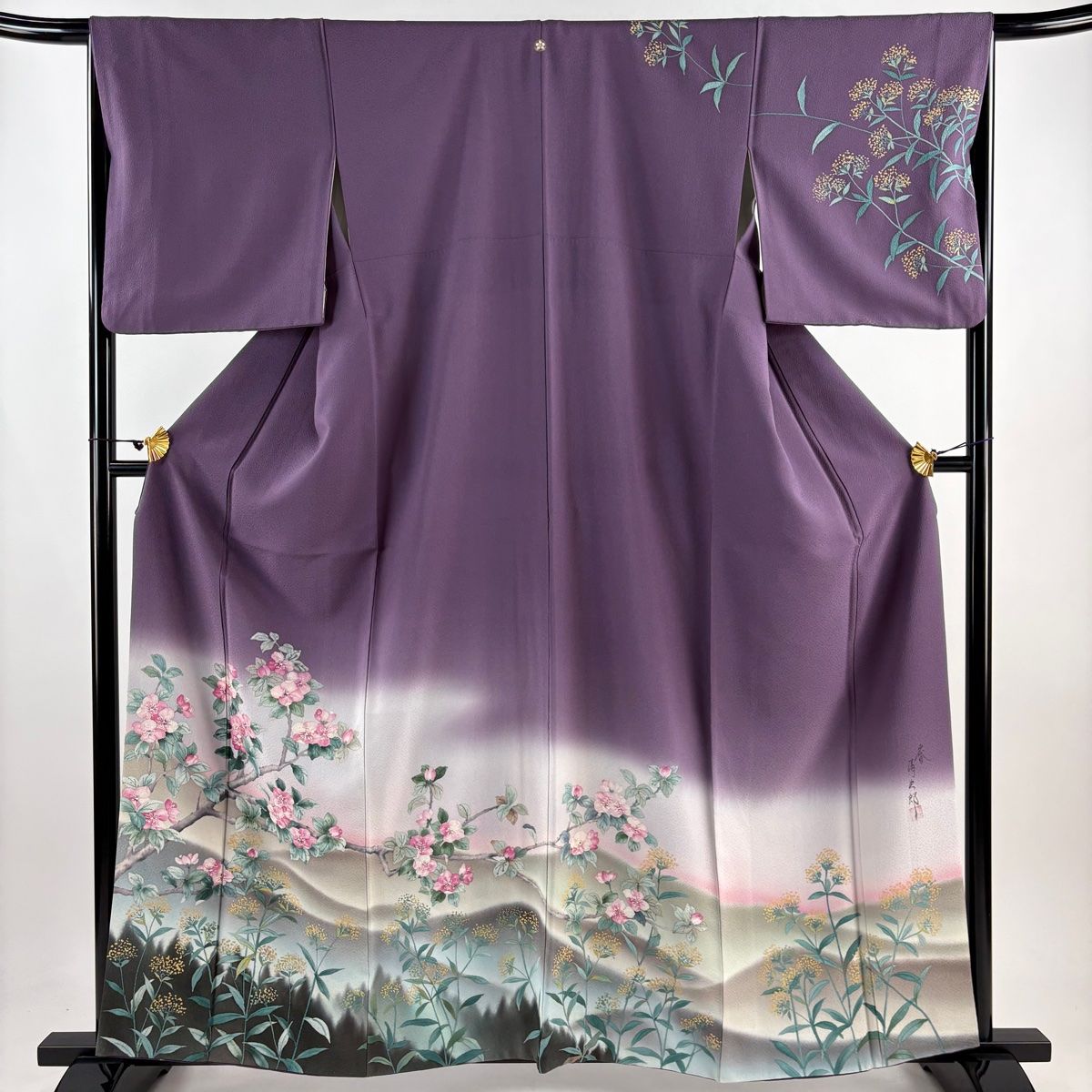 訪問着 身丈167cm 裄丈63cm S 袷 蔦 枝葉 灰色 正絹 秀品 【中古】