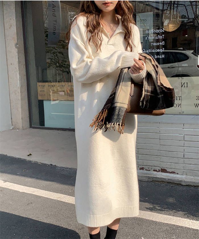 ニット ワンピース レディース 無地 長袖 ポロ 大人 ミモレ丈 マキシ丈 ポロネック あったか ミディ ロング 袖リブ 厚手 マタニティ 体型カバー きれいめ ゆったり セーター シンプル カジュアル rb1v708