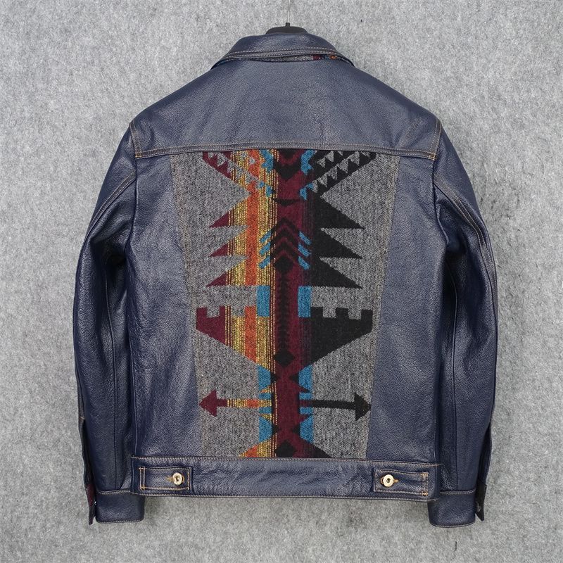 ダークブルー レザージャケット ナバホ柄 レザージャケット 上品 ナバホ柄切り替え 本革 牛革 ライダース