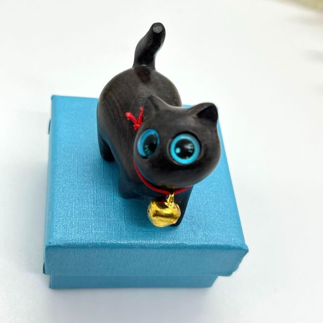 新品】木製 猫 ねこ 置物 青目 キュート 黒檀木 手作り