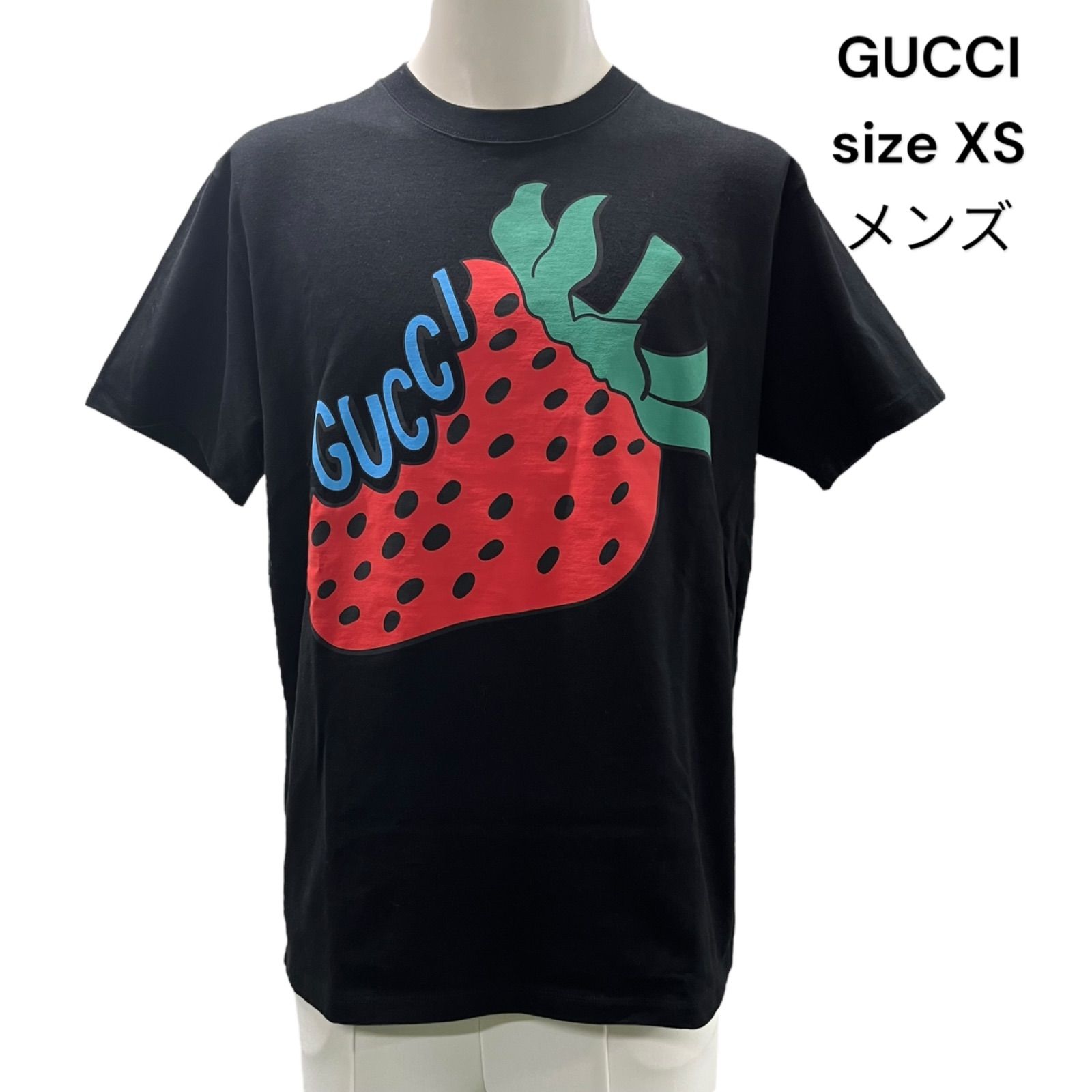 ○ □ 美品GUCCI グッチ Tシャツ 半袖 綿100％ ロゴ いちご柄 黒 
