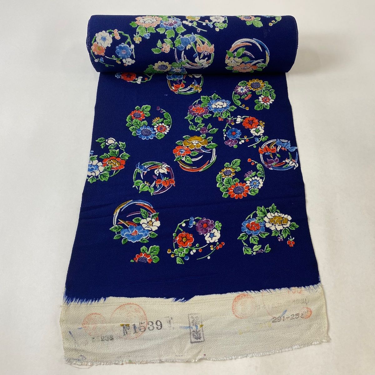 反物 秀品 小紋 花丸文 藍色 正絹