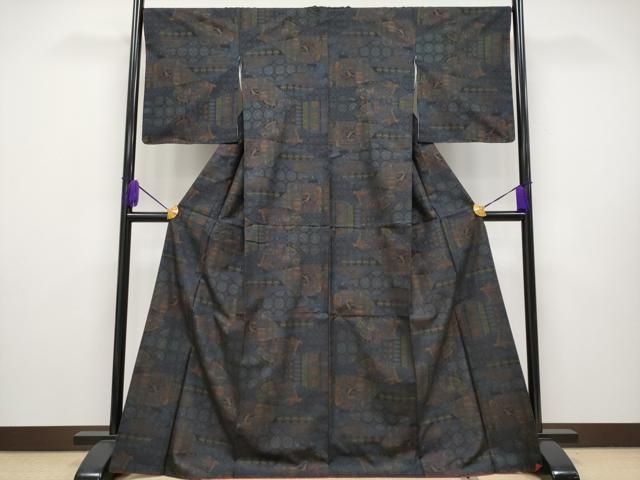 平和屋着物○越後黄八 紬 黒八丈 格子柄 証紙付き 正絹 逸品