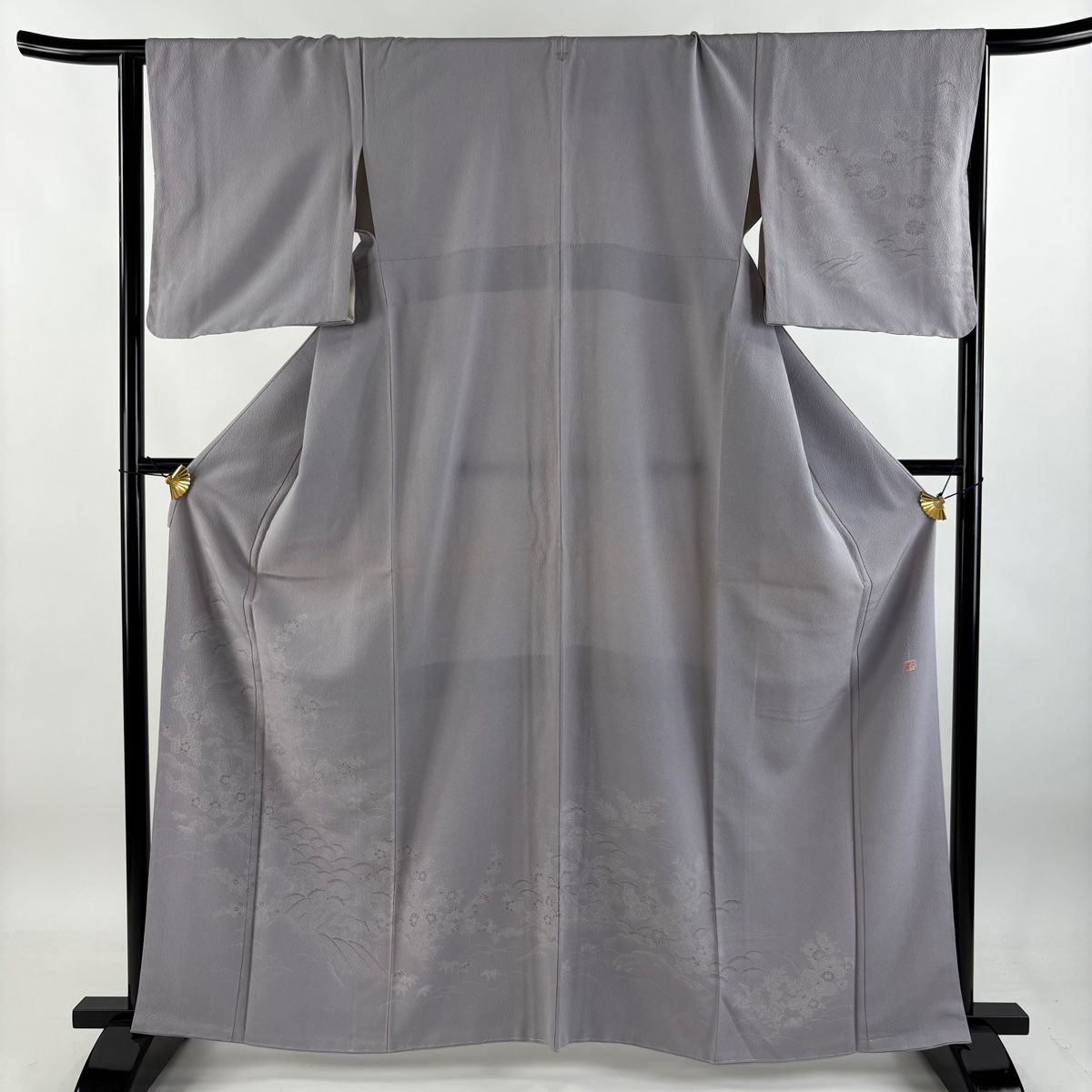 訪問着 身丈162cm 裄丈66cm M 袷 落款 松竹梅 波 灰紫 正絹 秀品 一つ紋