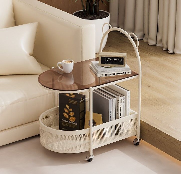 海外 サイドテーブル ワゴン オーク 真鍮取っ手 キャスター付き