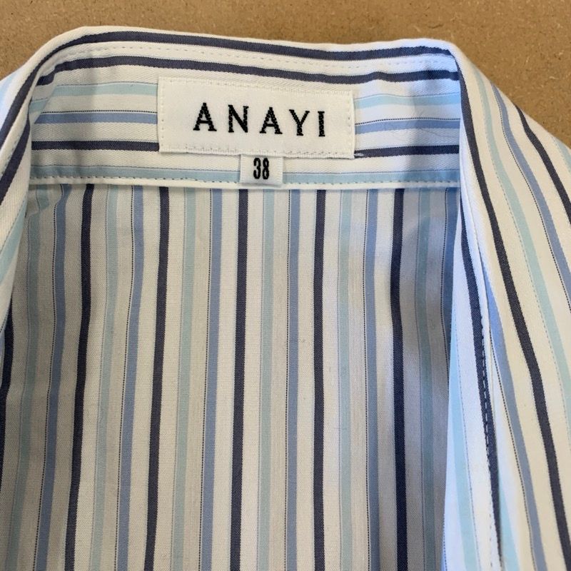アナイ ANAYI ブラウス 半袖 ストライプ 日本製 白 ブルー 38