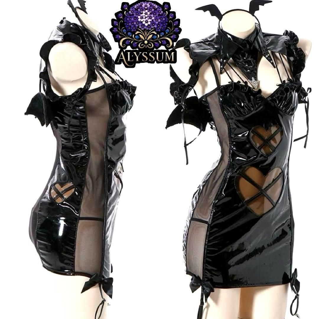 卍 小悪魔カチューシャ＋羽付きセクシーエナメル小悪魔コスプレ衣装フルセット