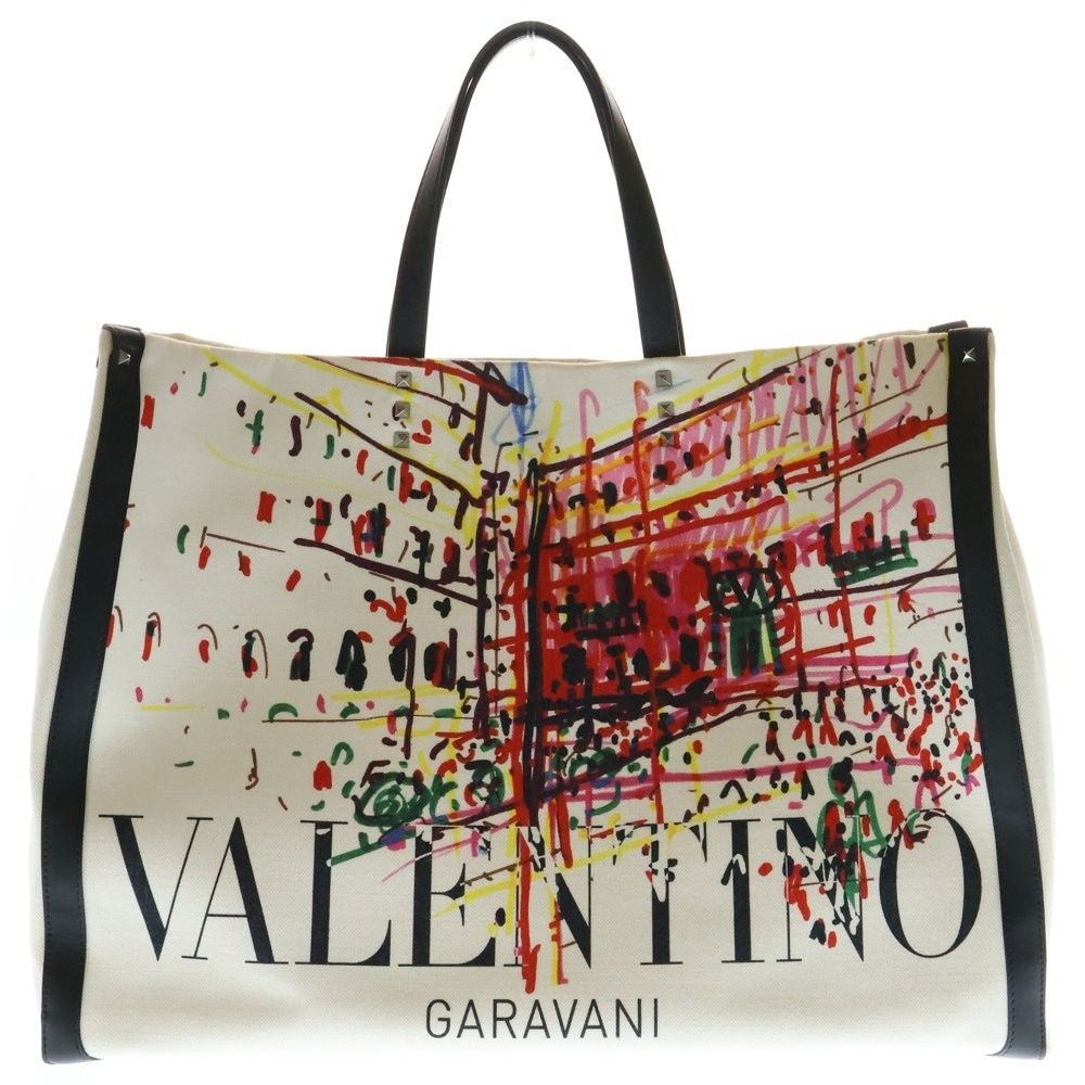 VALENTINO GARAVANI ヴァレンチノガラヴァーニ スタッズ付き レザー キャンバス トートバッグ グラフィティ ホワイトVY2B0A34KUB