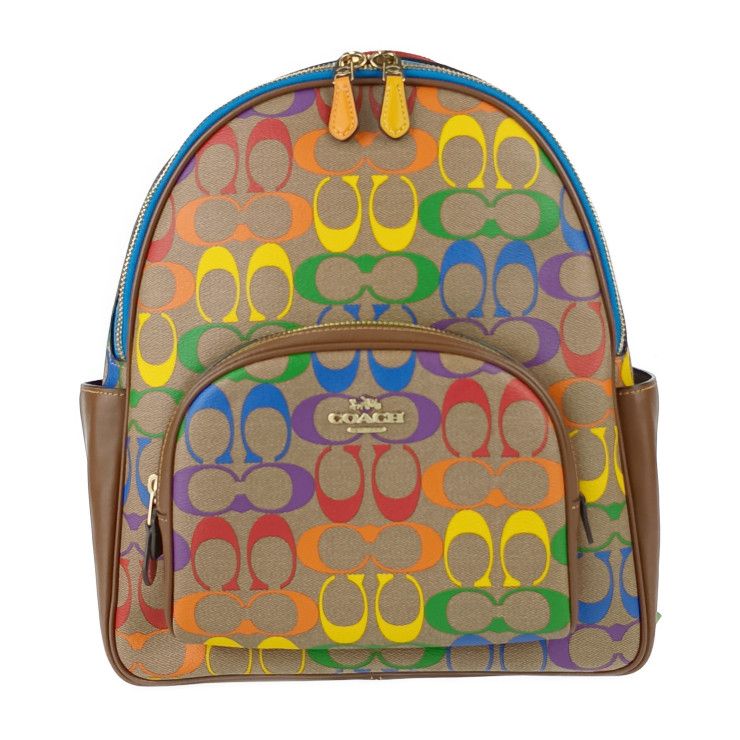 新古 COACH コーチ リュックサック バックパック シグネチャー レインボー CA140 カーキブラウン ベージュ マルチ ゴールド金具 PVC レザー レディース