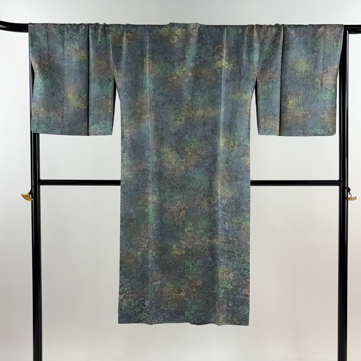 道行 身丈125.5cm 裄丈69cm L 和装コート 角衿 二条城 二の丸御殿図 桧扇 草花 ぼかし 青灰色 正絹 名品