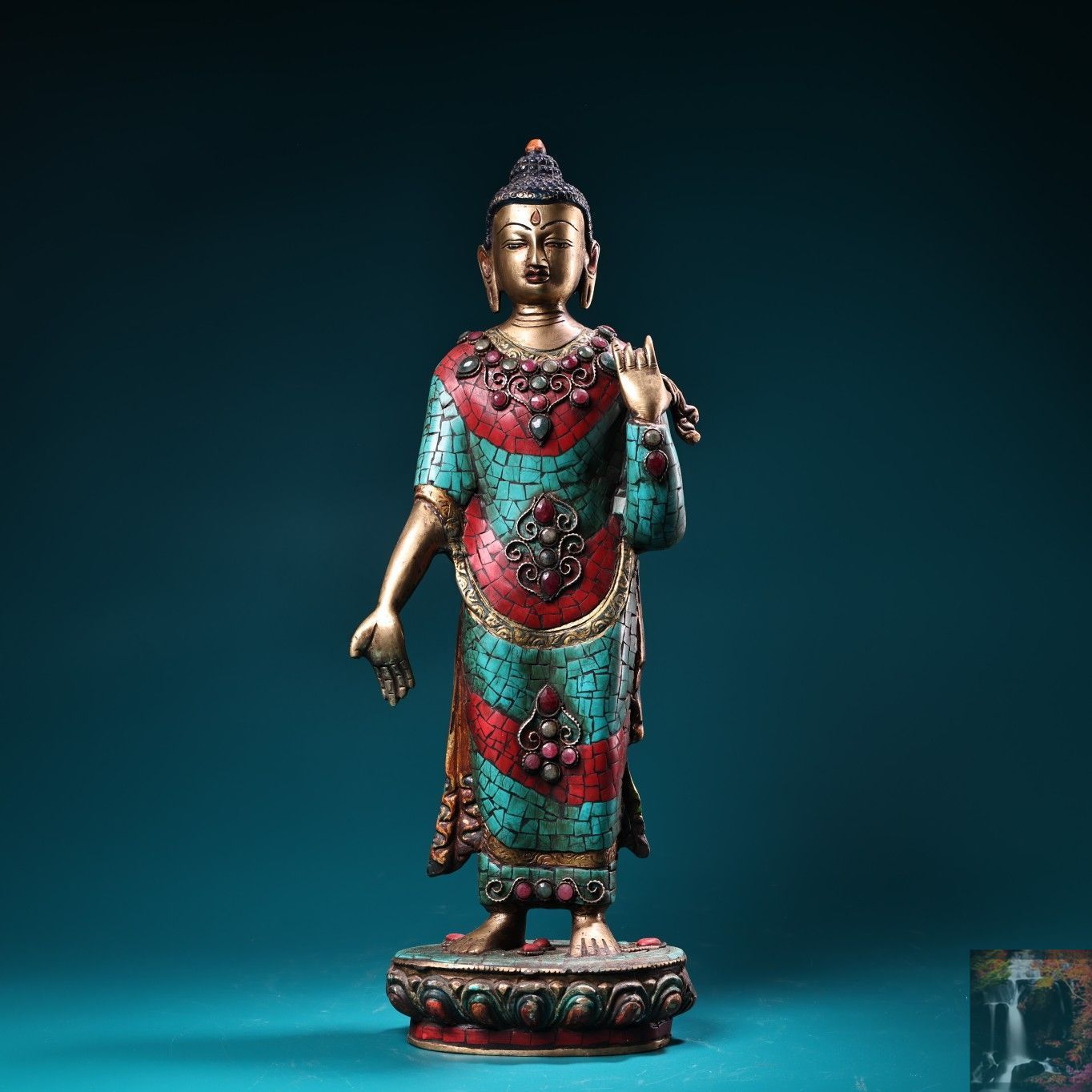 旧家蔵出し 蔵傳 描金 寶石嵌 釋迦牟尼像 站像 仏像 密教上品