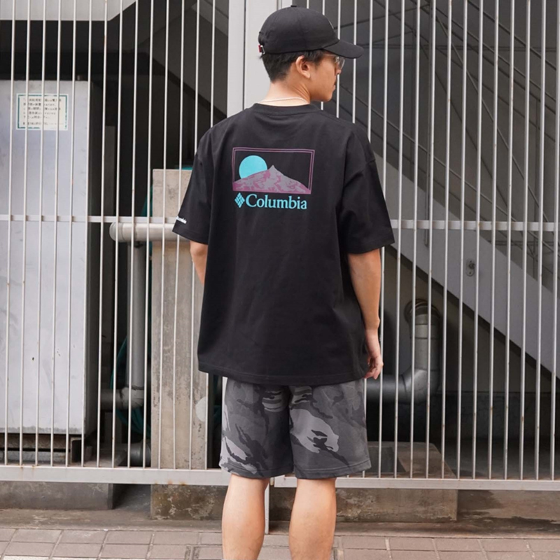 【ムラスポ公式】COLUMBIA コロンビア ムラサキスポーツ限定 Tシャツ UV生地でゆったりシルエット ブラック/マルチ PM0941