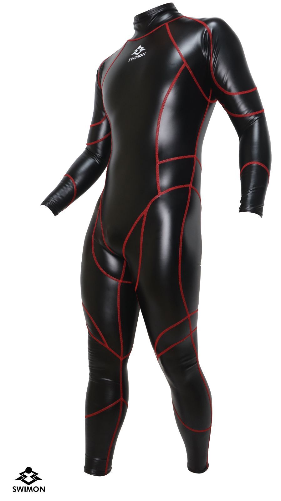 SWIMON コスチューム水着 フルボディータイプ エナメル調 XS～6XL 光沢PU バックジップ 赤ステッチモデル 男女兼用 ユニセックス