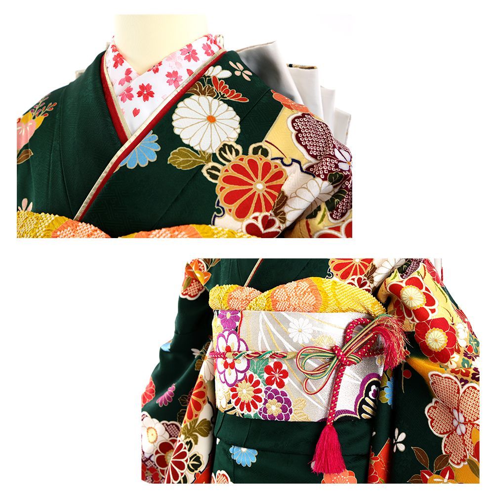 振袖 振袖フルセット 振袖セット USED振袖 中古 緑 古典柄 雪輪 7点