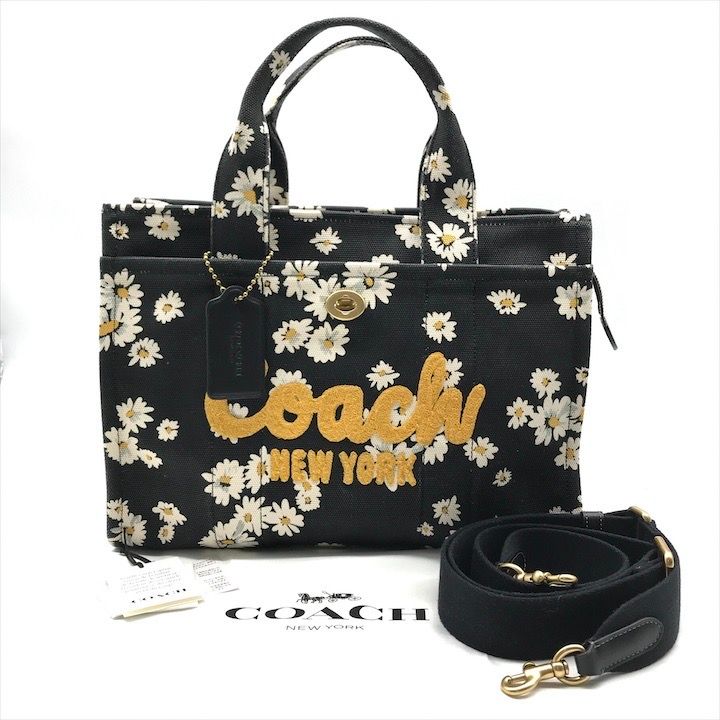 良品 COACH コーチ 2WAY 花柄 刺繍 キャンバス ターンロック