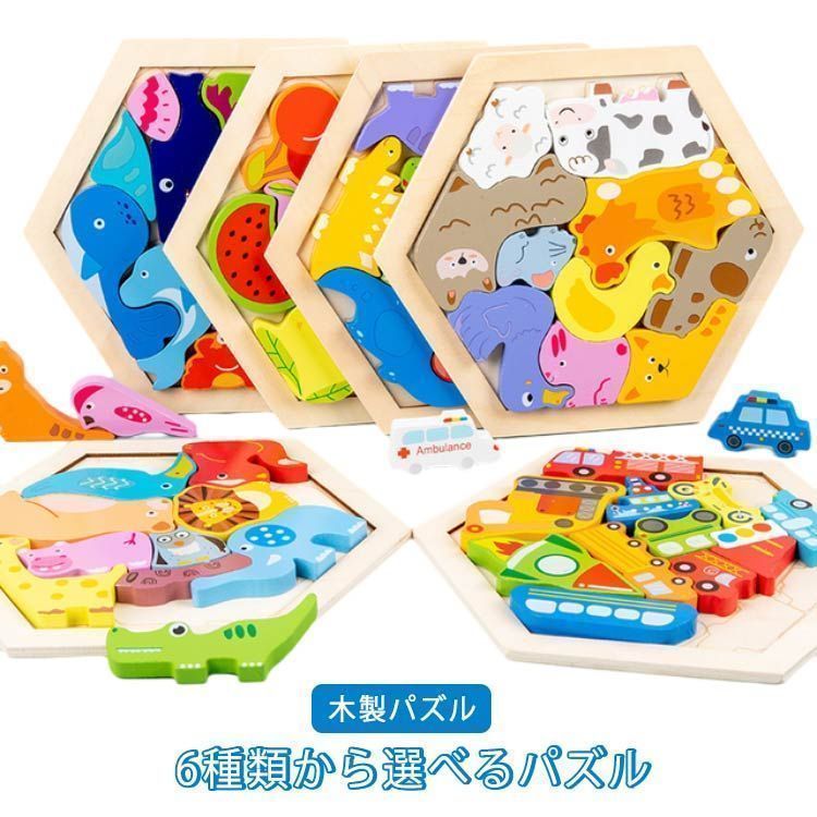 パズル 木製 型はめ 6タイプ 形合わせ 六角形 はめ込み ブロック