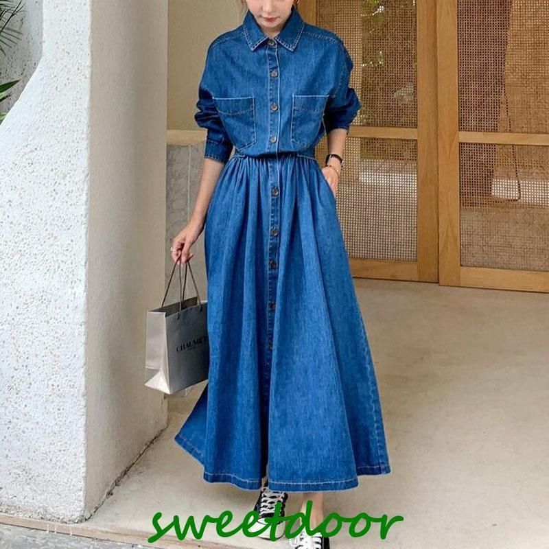 デニムワンピース レディース 春夏 長袖 ロング マキシ ワンピース 無地 vネック スカート ドレス デニムスカート オシャレ30代 50代 着痩