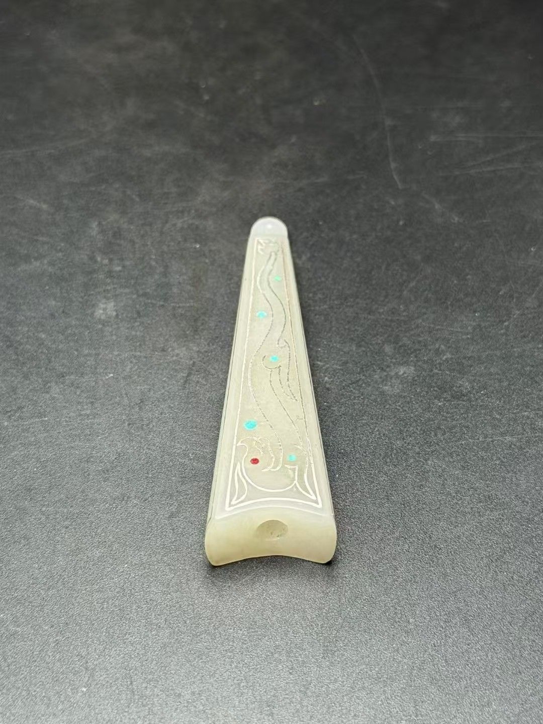 中国古美術.旧蔵品.古和田玉花翎管.銀線掐絲.寶石嵌.古時期飾品.賞物.中国古玩