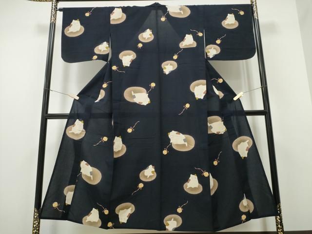 平和屋着物∴夏物 浴衣 鈴 猫 黒地 綿 CAAW1104ng