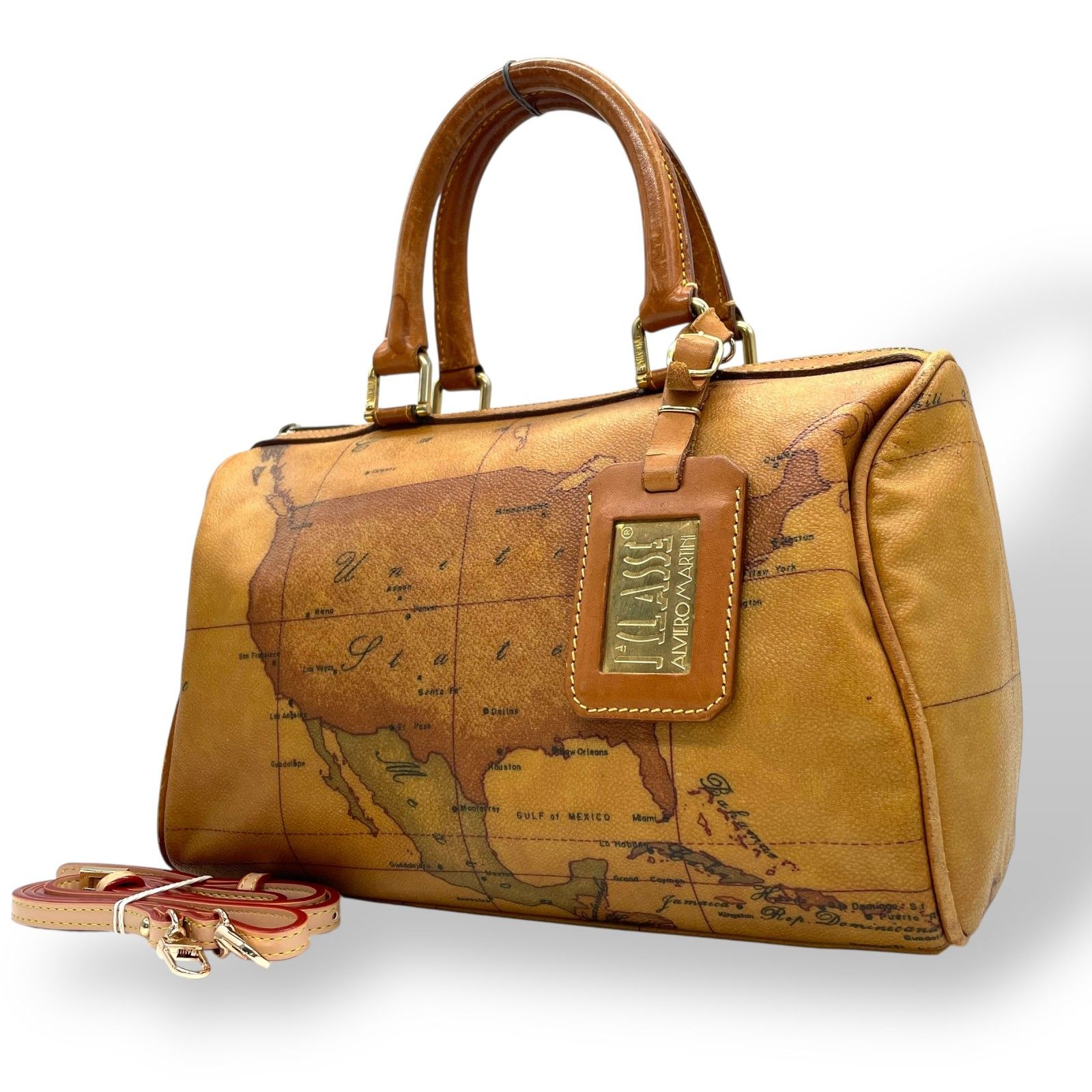 プリマクラッセ PRIMA CLASSE 地図柄 ボストンバッグ ミニボストン 2WAY PVC レザー ショルダー付き 茶色 ブラウン T4