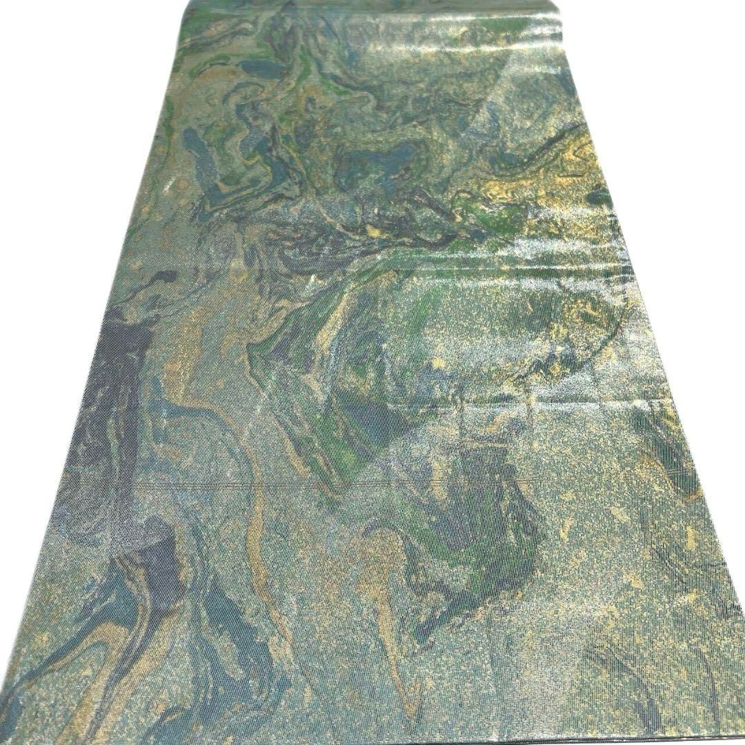 袋帯　墨流し　流線　くすみグリーン　着物　062a p 緑色のグラデーションに墨流しの洒落帯 全通 袋帯 着物