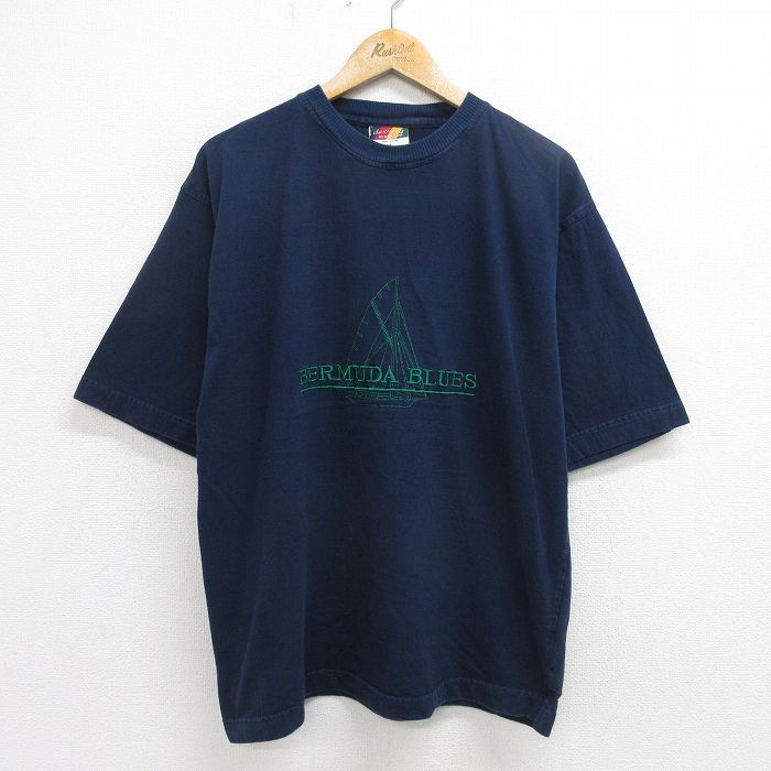 大人気，高品質 XL/古着 半袖 ビンテージ Tシャツ メンズ 00s 船 バルミューダブルース 刺繍 大きいサイズ コットン クルーネック 紺 ネイビー 24aug05 中 Tシャツ