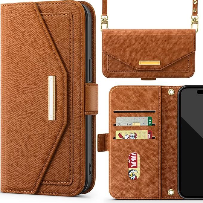NODALA iPhone15 ケース 手帳型 アイフォン15 スマホケース 財布型 ショルダー あいふぉん15 携帯ケース 肩掛け 斜めがけ カバー 手帳型 小銭入れ カード収納 ロングストラップ 長さ調節可能 ミラー付き女性 おしゃれ