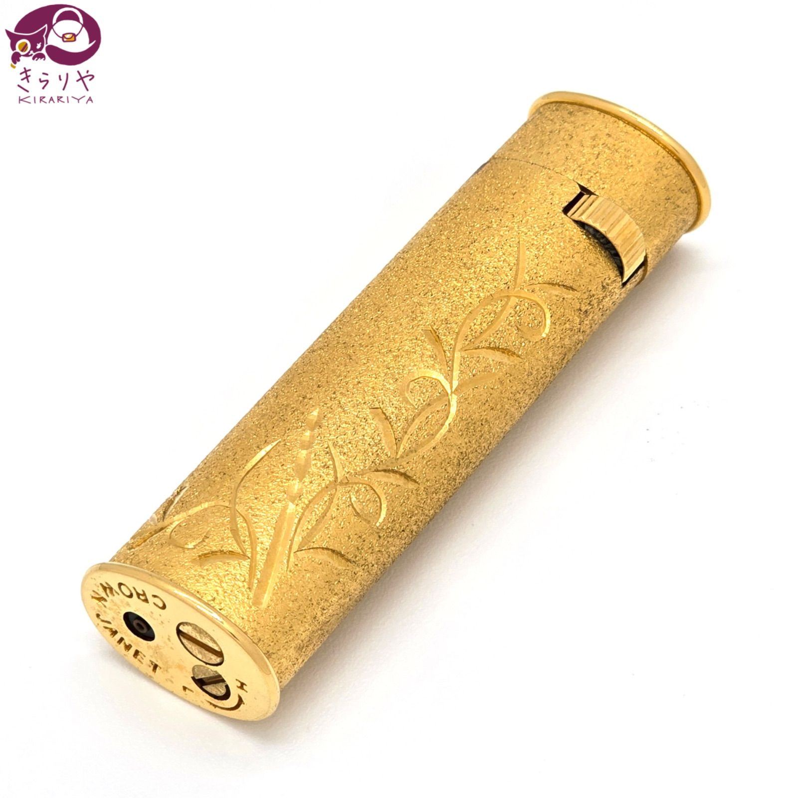 CROWN クラウン JANET ジャネット ガスライター ゴールド メタル 砂目加工 蔦の彫刻 着火未 現状品 ケース 63.9g レトロ ヴィンテージライター