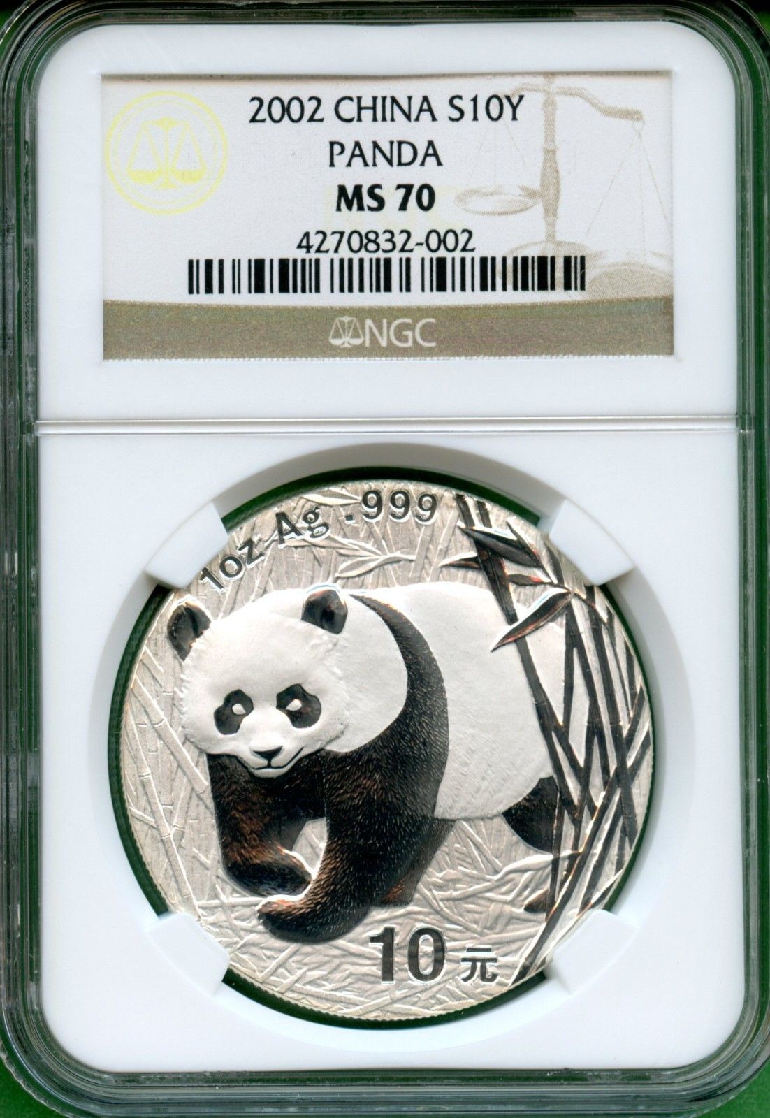 CHINA 2002 PANDA SILVER NGC MS70 10 YUAN