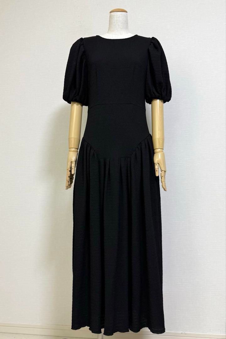 JILL STUART ジルスチュアート パフスリーブ ロングワンピース ブラック系 総丈127cm ウエスト切替 デザインワンピース