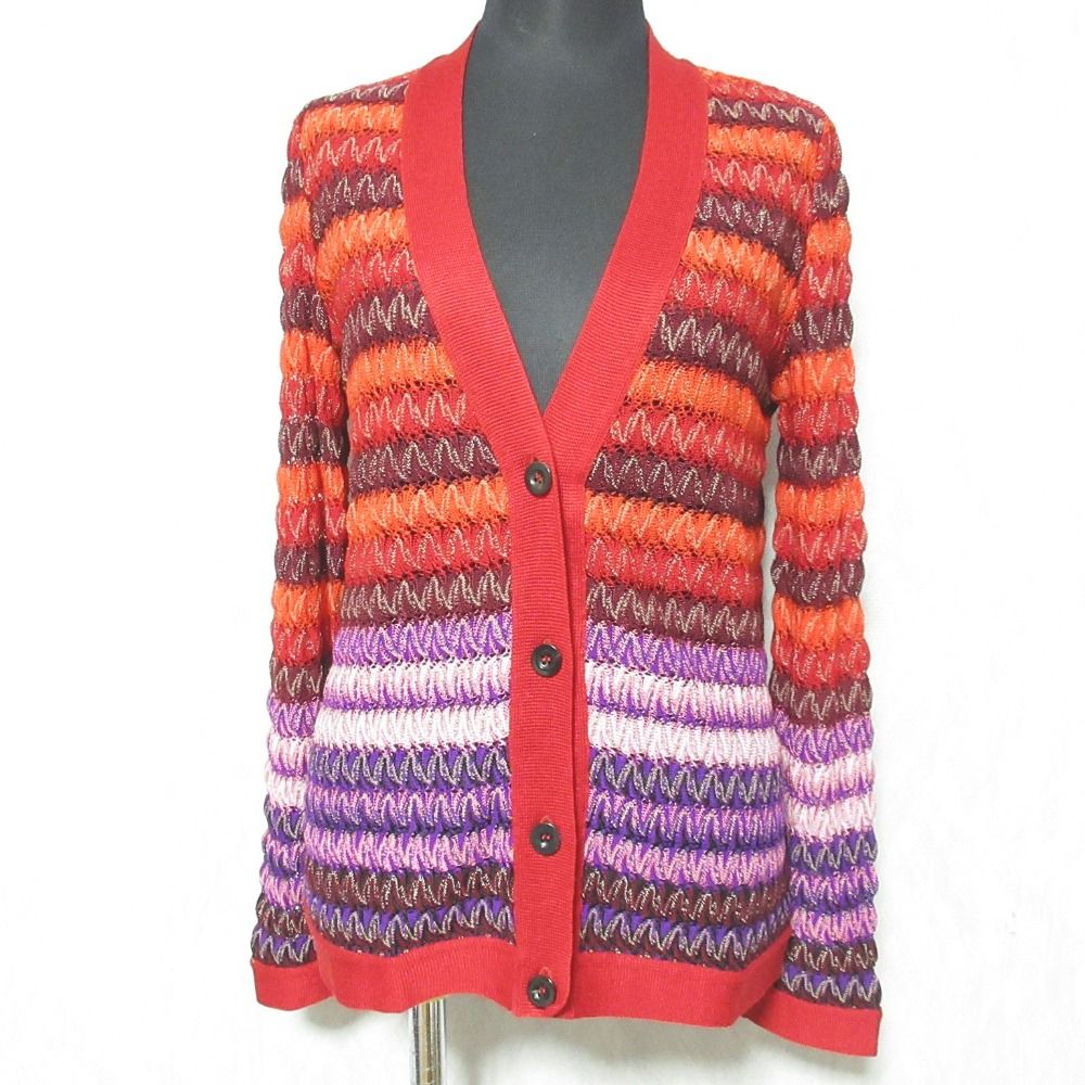 MISSONI ミッソーニ シェブロン クロッシェ ニットカーディガン 40 レッド レディース 古着