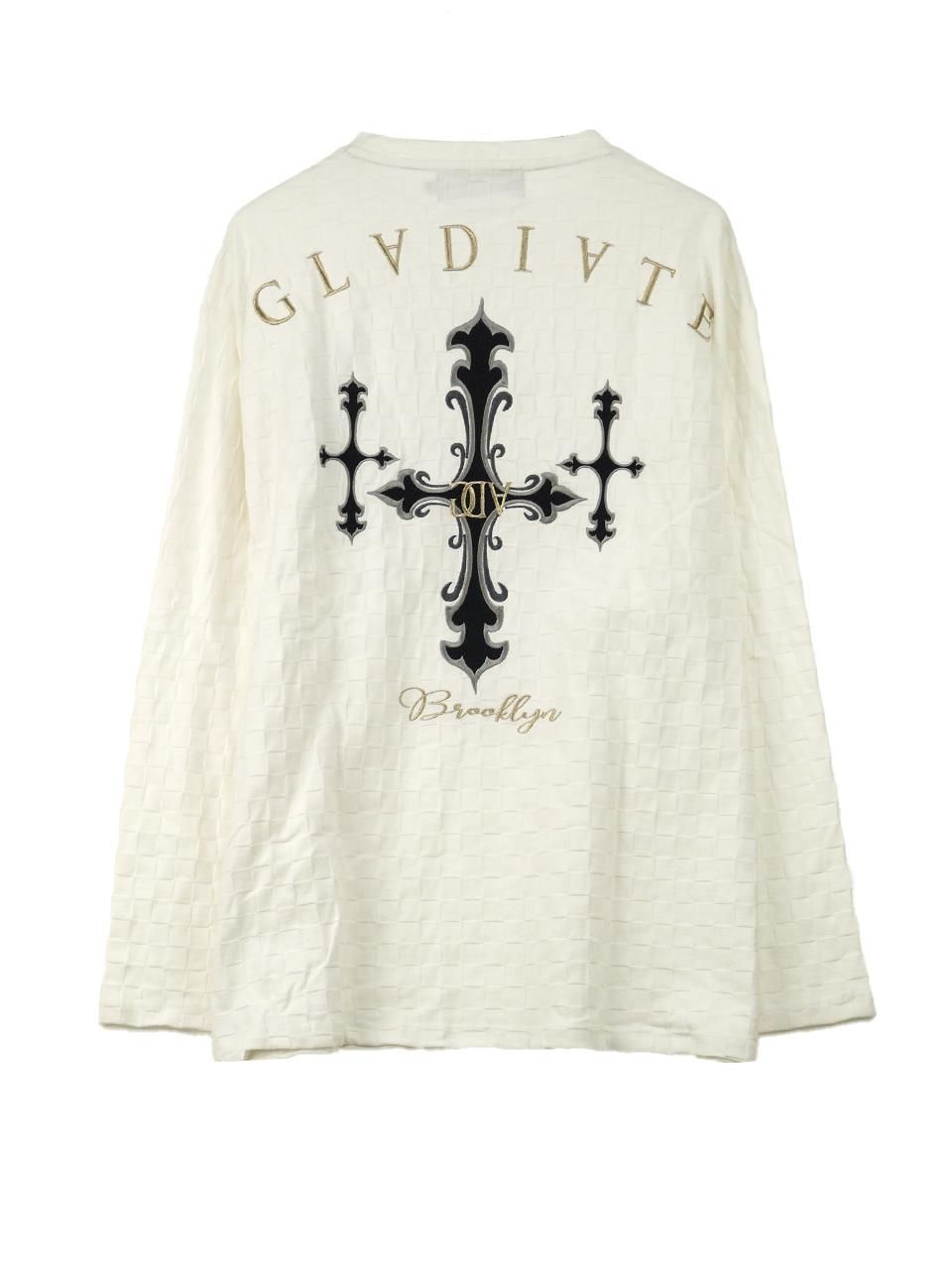 長袖Tシャツ Vネック 大きいサイズ メンズ GLADIATE クロス刺繍 ロンT デザイン お洒落 C060819-01 ホワイト