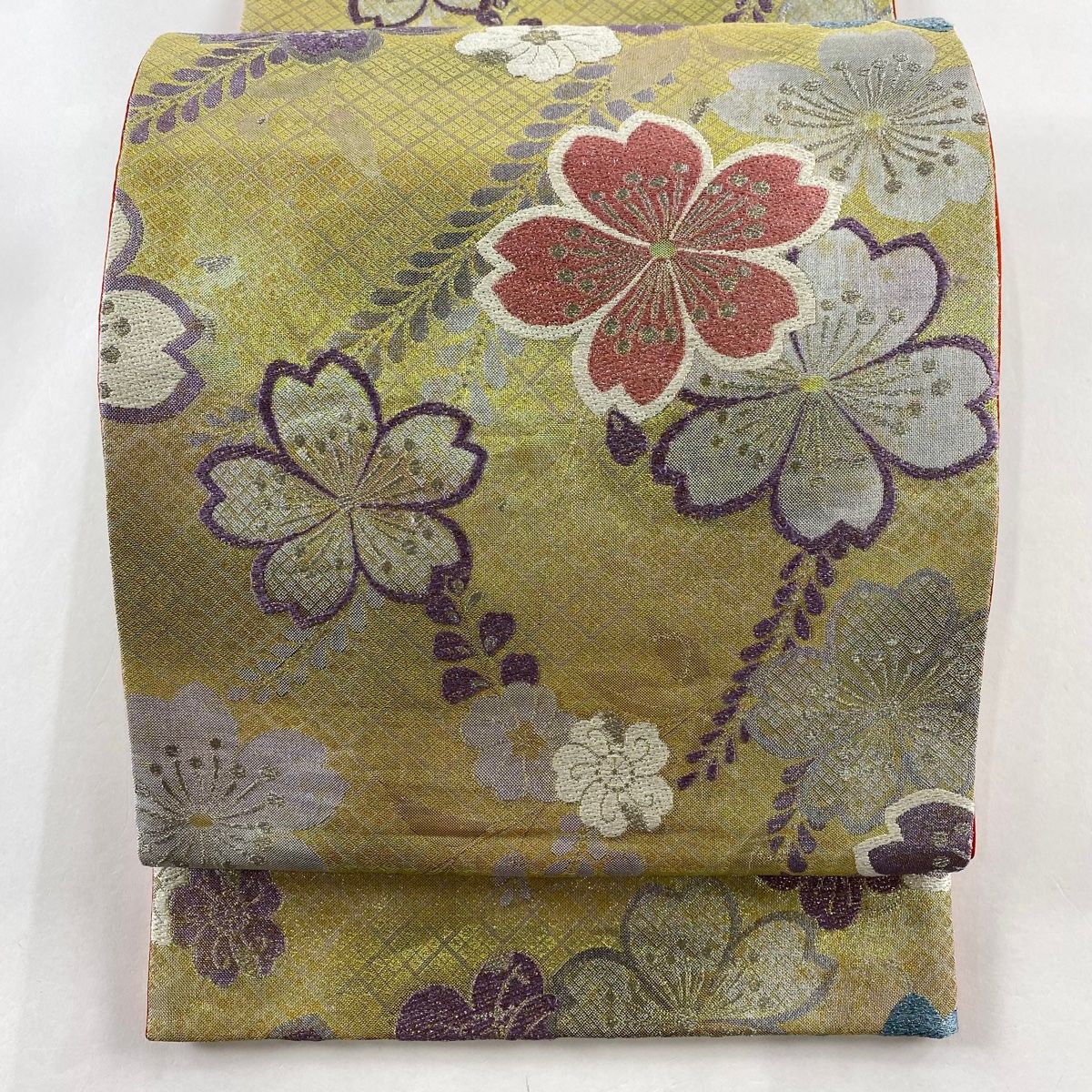 袋帯 美品 秀品 桜 辻が花柄 箔 銀糸 薄黄 六通 正絹 【中古