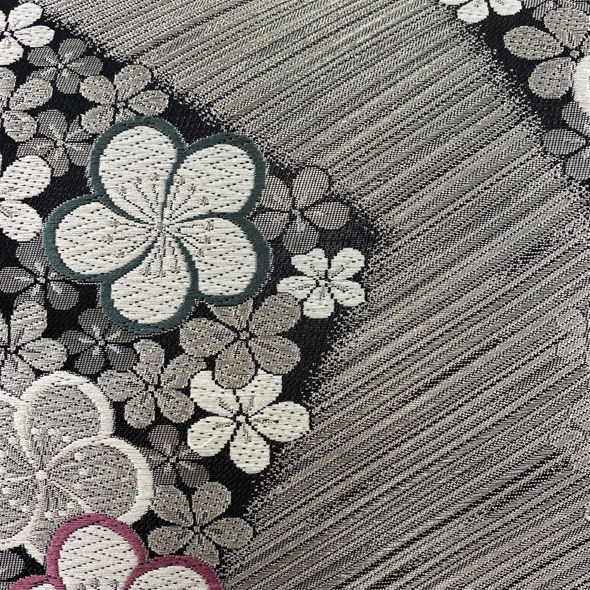 袋帯 秀品 振袖向き 花 斜縞 銀糸 箔 銀色 六通 正絹