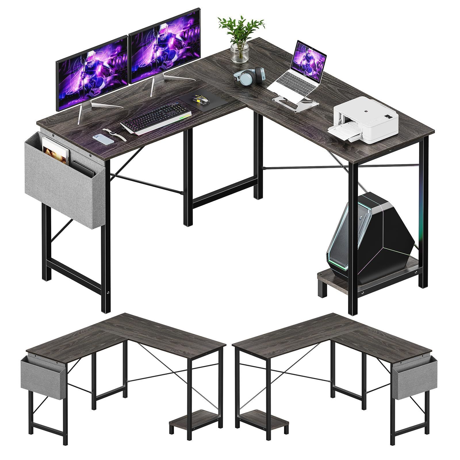 モニタースタンド付き 収納袋付き作業台 モダングレー pcデスク 机 パソコンデスク L字デスク 127×110cm ゲーミングデスク Sweetcrispy