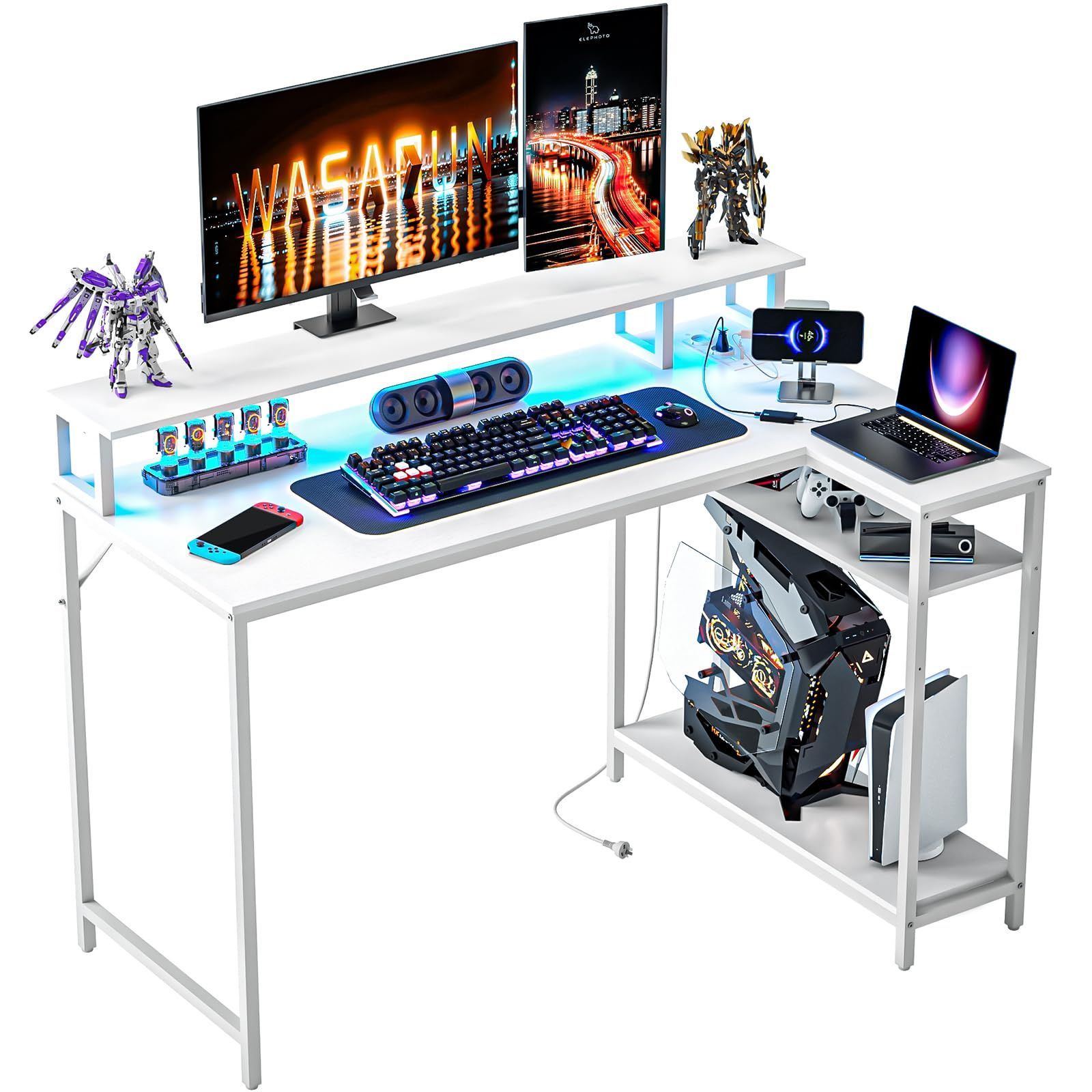 【特価商品】省スペース 左右兼用 ホームオフィスデスク ラック・収納付き 学習テーブル PCデスク LEDライト付きコーナーデスク コンセント付き ホワイトデスク 幅120cm ゲーミングデスク パ
