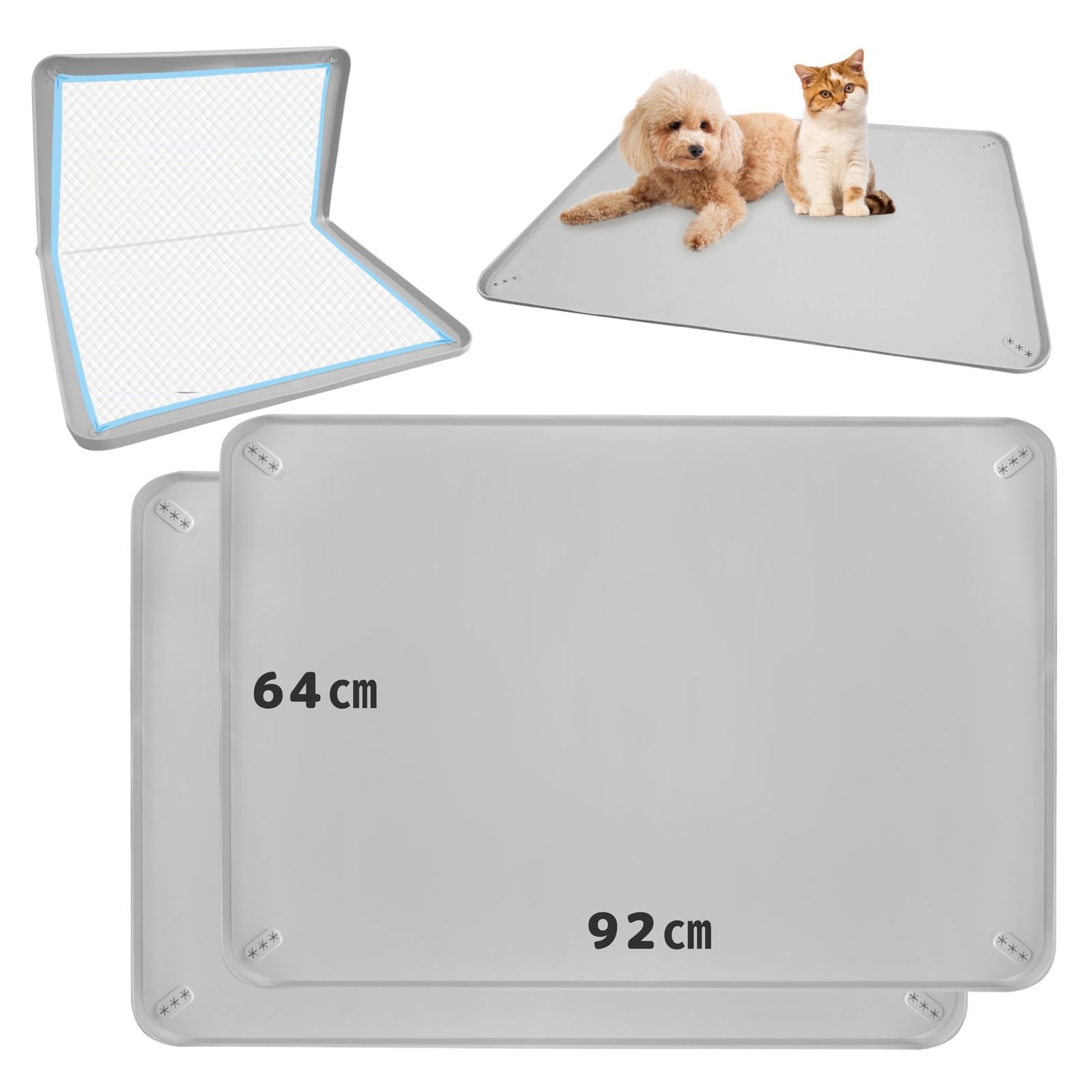 fabuon life 新モデル 犬 猫 シリコン トイレ トレー ペットマット 食事マット お手入れ簡単 ワイド スーパーワイド 小型犬 中型犬 大型犬 特大 薄型 おしゃれ 防水 撥水 ライトグレー XL 92cm×64cm ×2枚セット