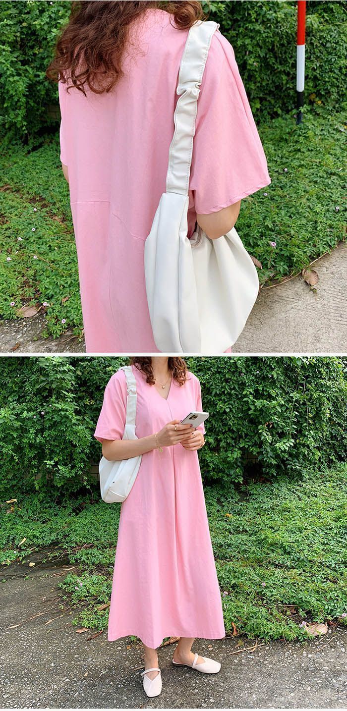 ワンピース 半袖 夏 vネック ロングワンピース 綿麻 無地 レディース ワンピ ミモレ丈 きれいめ ゆったり 体型カバー カジュアル ナチュラル シンプル おしゃれ 着痩せ 大人 moli01