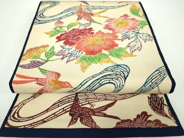 平和屋着物○全通柄九寸開き古屋帯 型染 流水花鳥文 正絹 逸品
