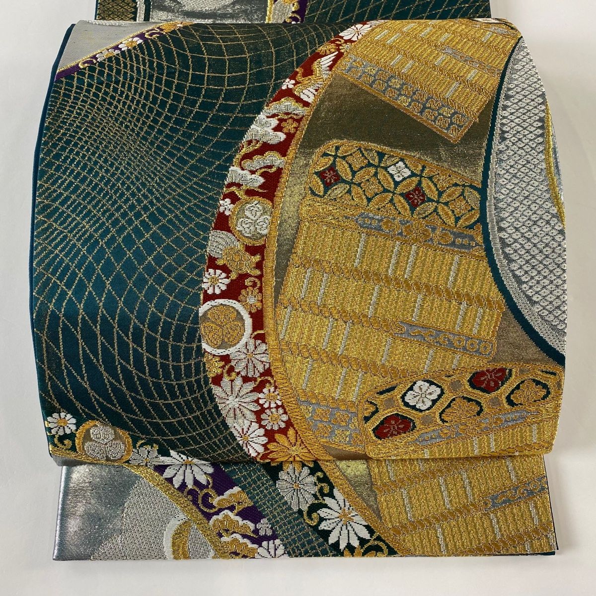 袋帯 名品 七宝繋ぎ 花 唐織 金糸 金色 六通 正絹 【中古