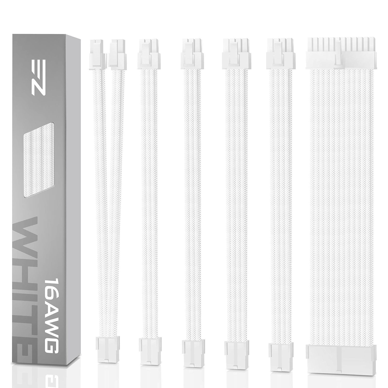 オールホワイト EZDIY-FAB PC電源 延長PSUケーブル 延長スリーブモジュラーケーブル16AWG、GPU/CPU 用 PC スリーブケーブル キット、白いコネクタ+白いスリーブ 24PIN / 2 x 8PIN/2 x6PIN / 1 x 4 +4P