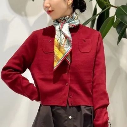 コットンカシミヤクルーネックカーディガン ボルドー