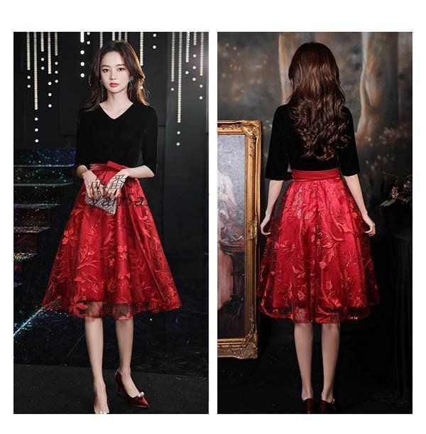 ドレス ショート丈 ひざ丈ドレス 演奏会 ピアノ 発表会 Aライン Vネック スエード ファスナー エレガント大きいサイズ フェミニン 5分袖付き 袖あり yan5a583831 MAAHADDERANG_COM