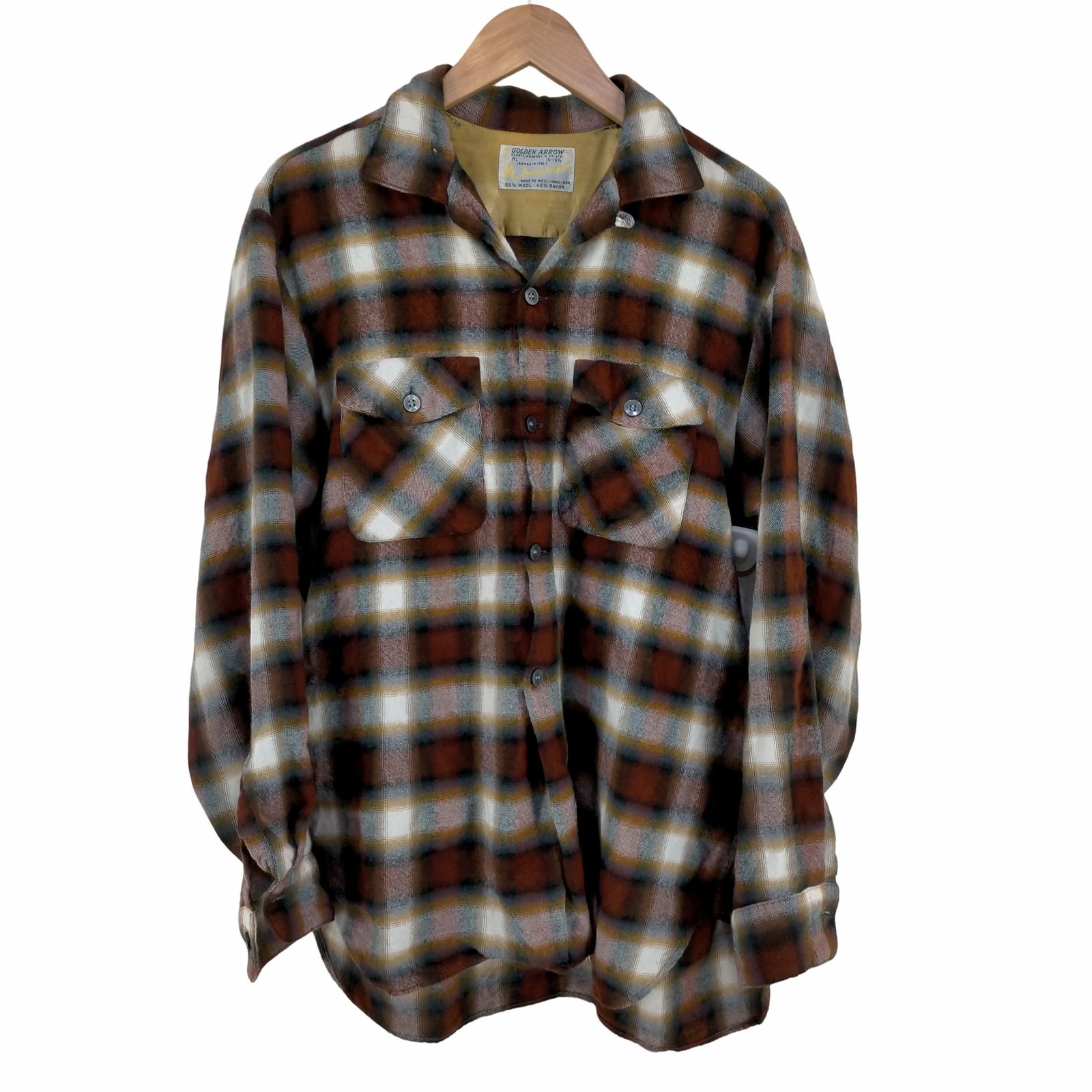 50s 60s ウールレーヨンシャツ　オンブレ 60s Open collar shirt オンブレチェックシャツ 身幅59cm Thx