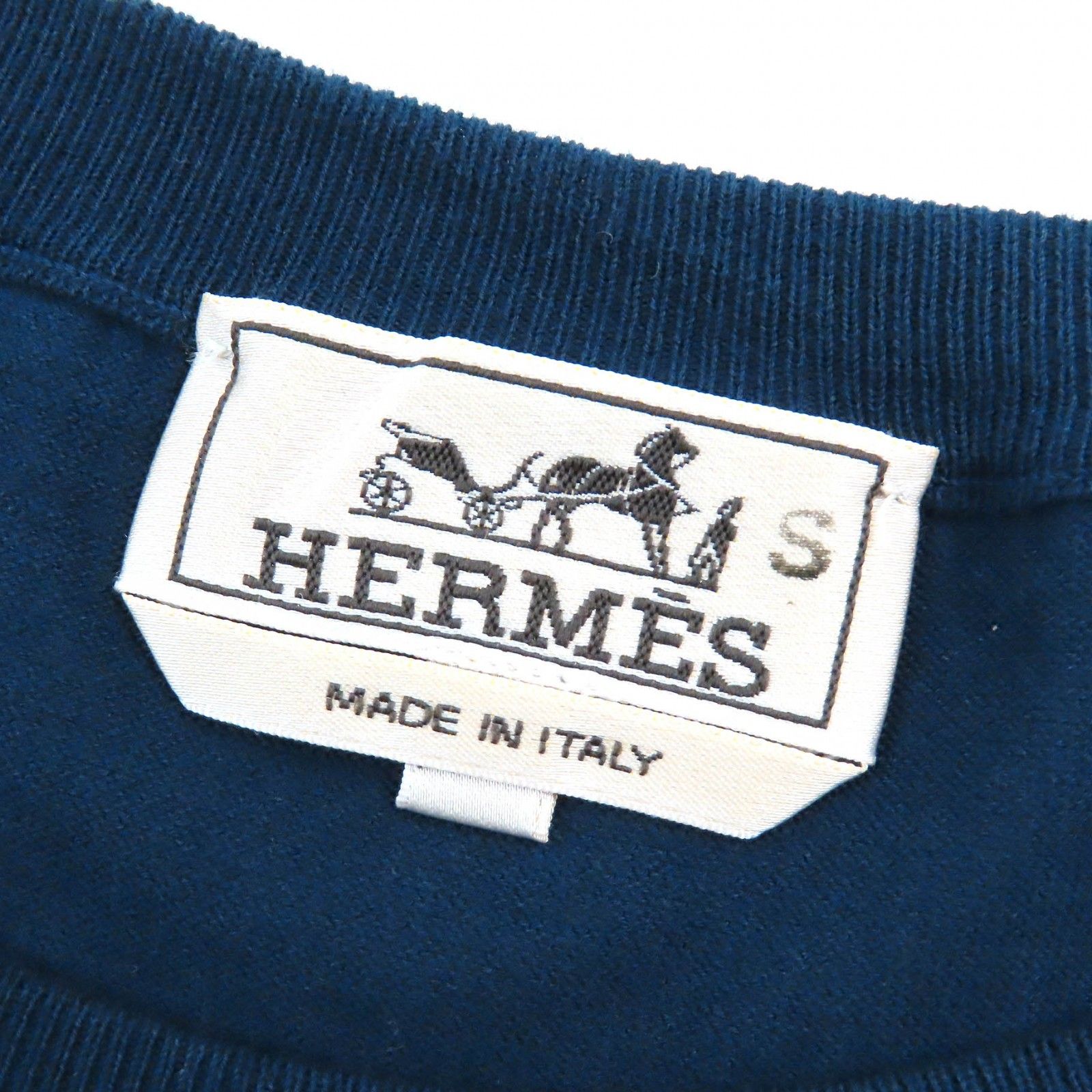 極美品△HERMES エルメス コットン100％ メッシュデザイン クルーネック 長袖 サマーニット 薄手 ネイビー XL イタリア製 正規品 メンズ