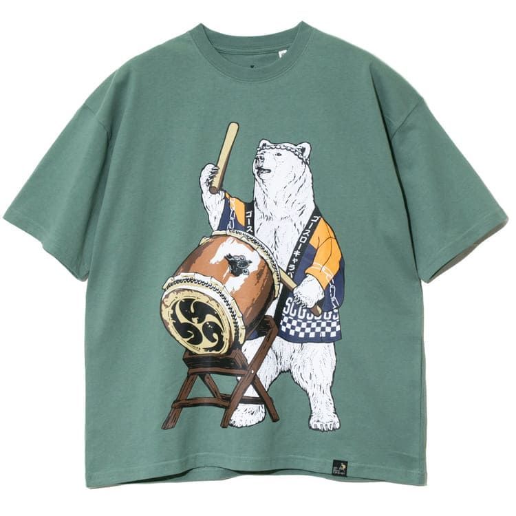 新品 メンズ ゴースローキャラバン go slow caravan 半袖 Tシャツ 半袖Tシャツ ティーシャツ 和太鼓 太鼓 法被 はっぴ 祭 クマ 熊 ユニセックス レディース 白 ホワイト グリーン ミント