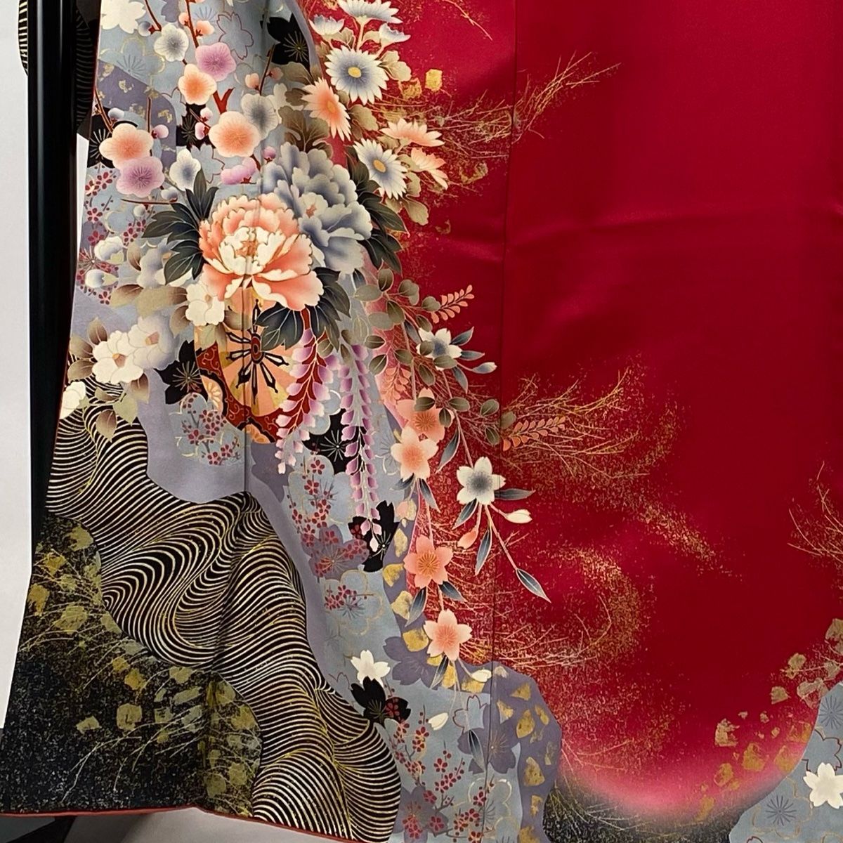 振袖 身丈164.5cm 裄丈68cm L 袷 桜 折り鶴 赤 正絹 名品 【中古  