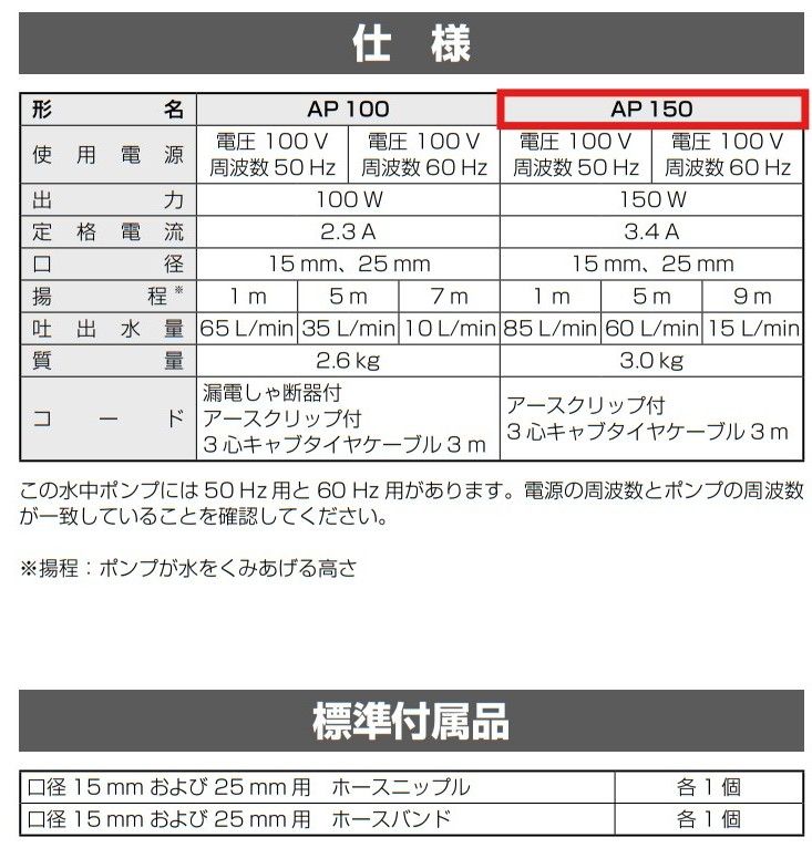 HiKOKI ハイコーキ 水中ポンプ AP150 50Hz 吐出量15L|分 口径15mm|25mm 清水用 自動停止機能付 東日本 小型 排水ポンプ 家庭用 日立