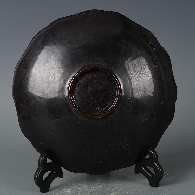 宋定窯 烏金釉刻牡丹茶盤 紫砂壷 壺承 装飾品 現代工芸品美術品 置物 宋定窯 烏金釉刻牡丹茶盤 紫砂壷 壺承 装飾品 現代工芸品美術品